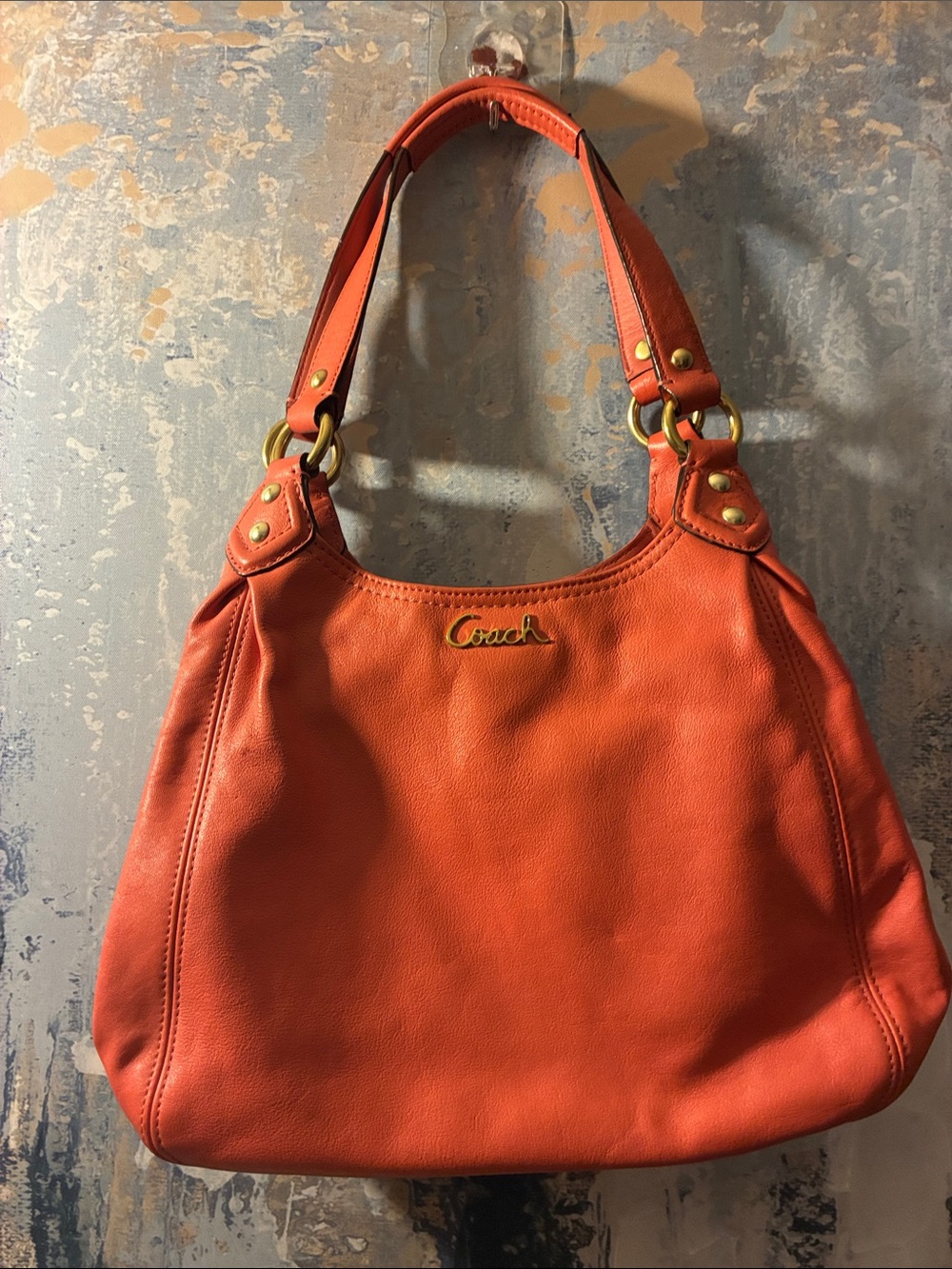 Genuine Coach Orange Leather Shoulder Bag with Gold Hardware